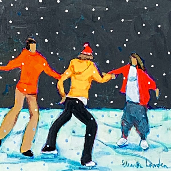 Snowflakes and Skates 2, nighttime skating painting by Eleanor Lowden | Effusion Art Gallery + Cast Glass Studio, Invermere BC
