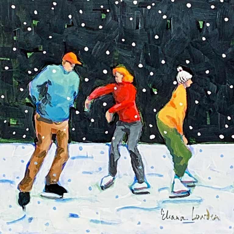 Snowflakes and Skates, nighttime skating painting by Eleanor Lowden | Effusion Art Gallery + Cast Glass Studio, Invermere BC