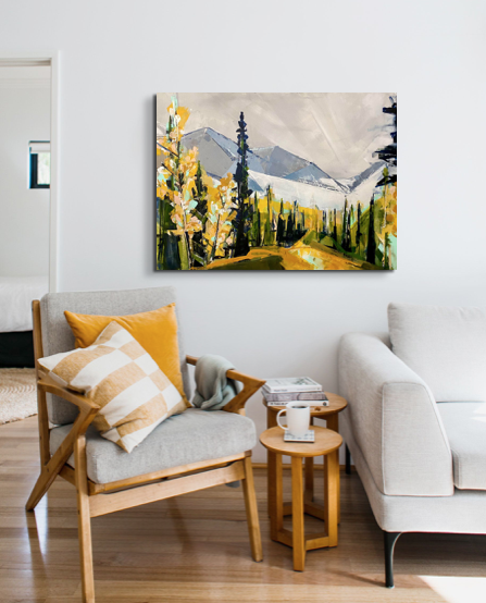 September Larches by Katie Leahul, acrylic landscape painting by Katie Leahul | Effusion Art Gallery + Cast Glass Studio, Invermere BC