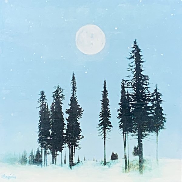 Moon in the Pines, mixed media landscape by Lori Bagneres | Effusion Art Gallery + Cast Glass Studio, Invermere BC