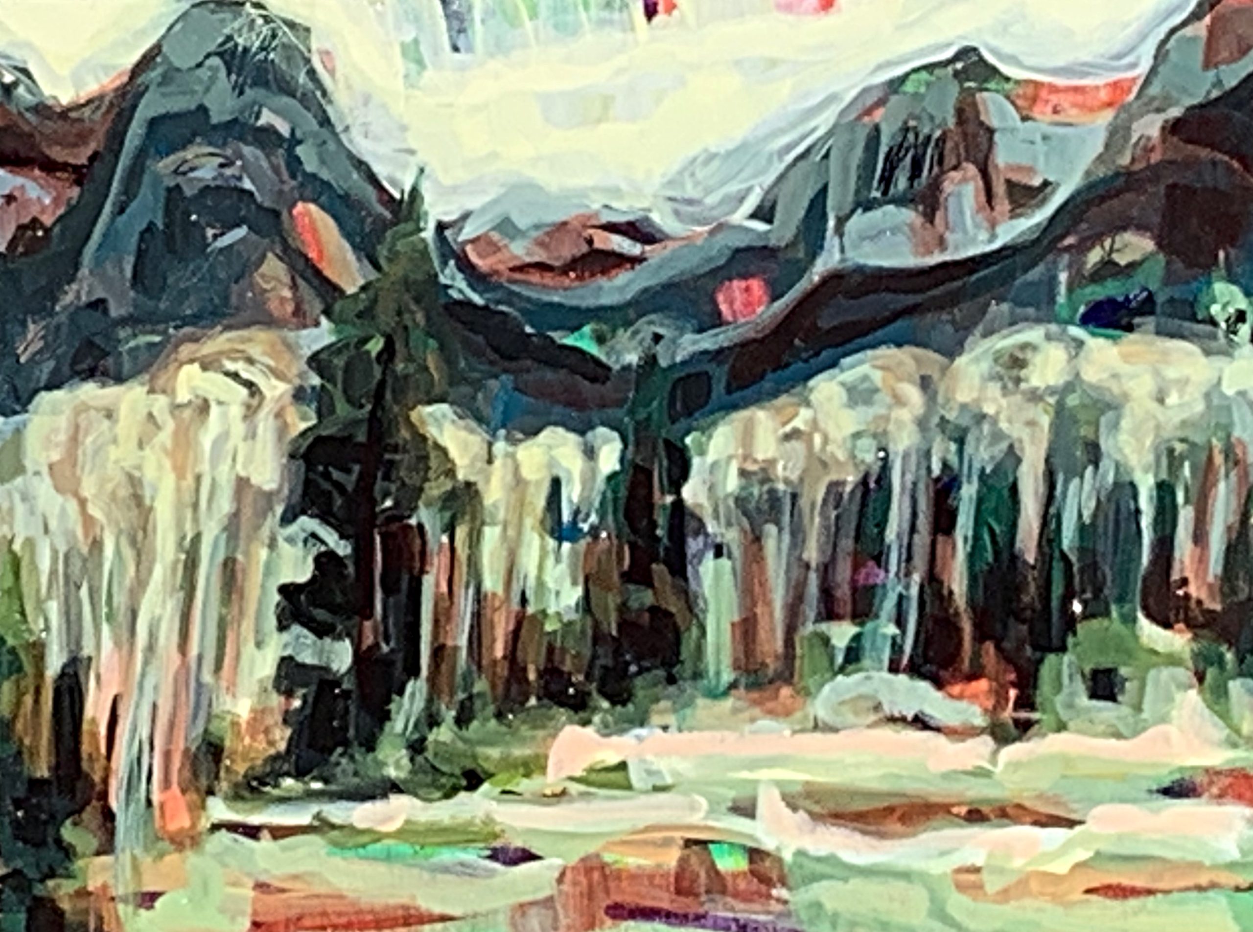 Between Ha Ling and Rundle, acrylic landscape painting by Sandy Kunze | Effusion Art Gallery + Cast Glass Studio, Invermere BC