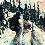 Shredder, acrylic snowboarder painting by Sandy Kunze | Effusion Art Gallery + Cast Glass Studio, Invermere BC