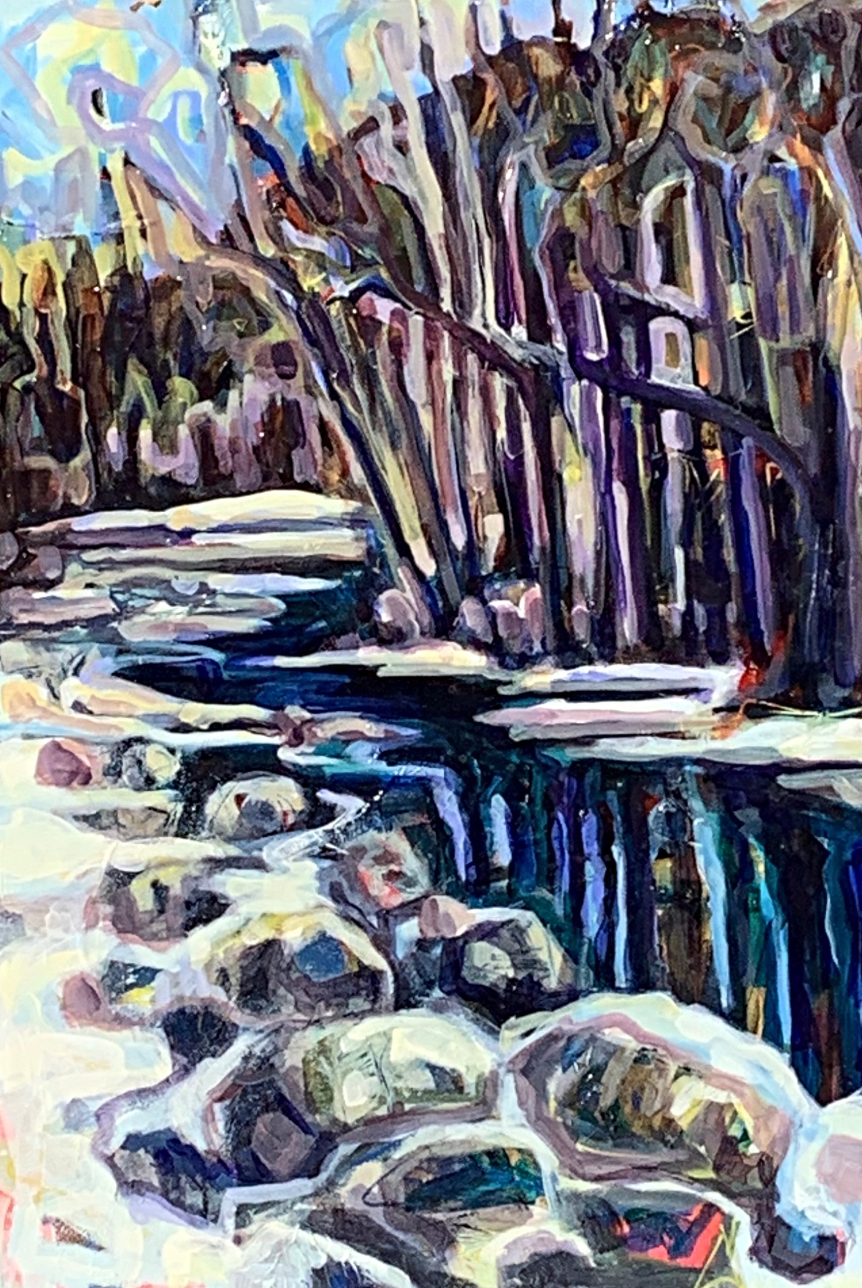 Upstream, acrylic landscape painting by Sandy Kunze | Effusion Art Gallery + Cast Glass Studio, Invermere BC