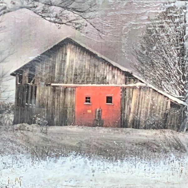 The Red Door Barn, encaustic landscape by Lee Anne LaForge | Effusion Art Gallery + Cast Glass Studio, Invermere BC