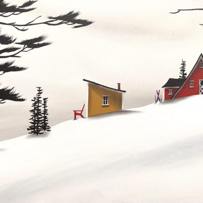 Chalet Ballet, mixed media landscape painting by Natasha Miller | Effusion Art Gallery + Cast Glass Studio, Invermere BC