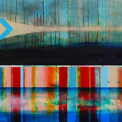 En balade avec toi, mixed media canoe painting by Sylvain Leblanc | Effusion Art Gallery + Cast Glass Studio, Invermere BC
