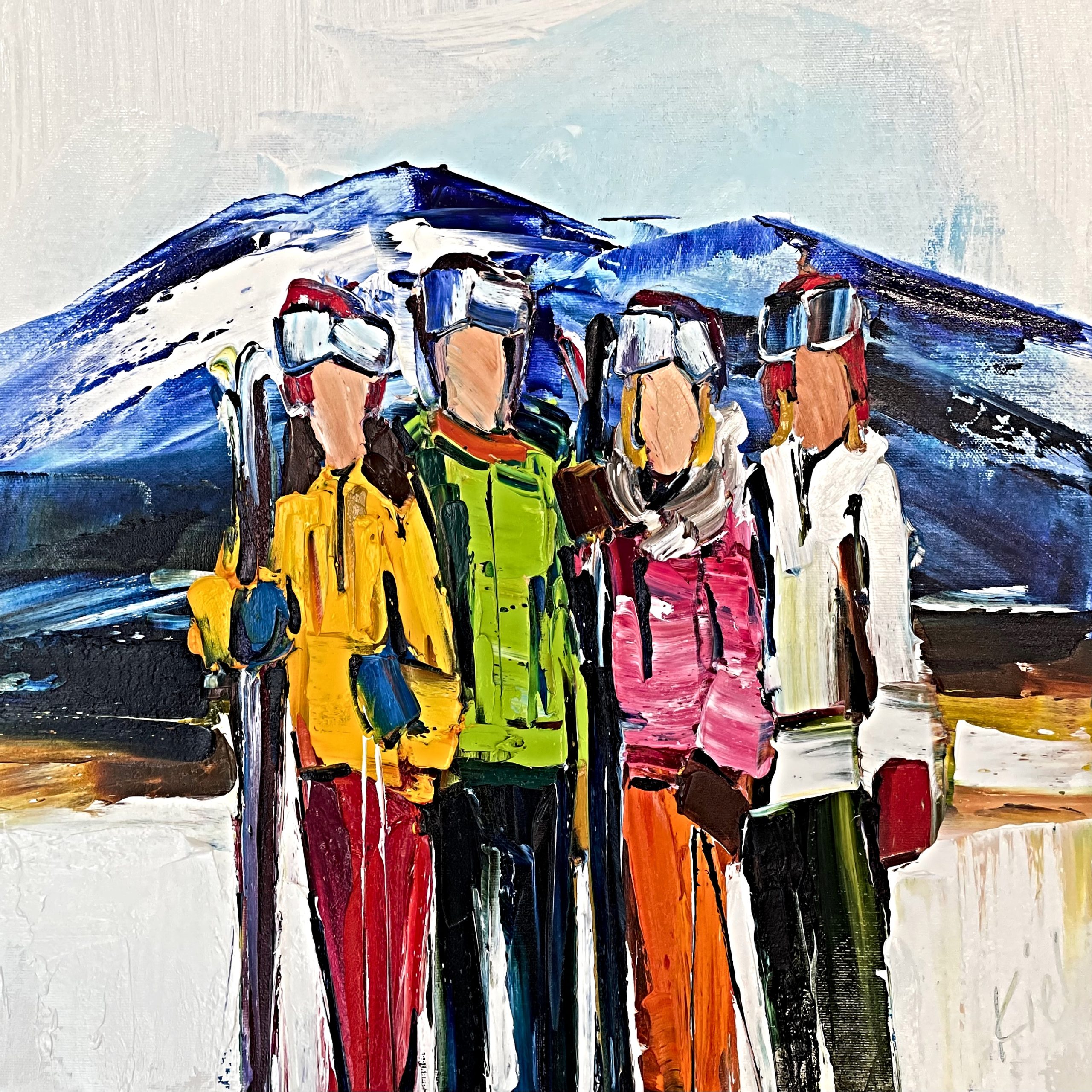 Ski Bums, oil ski painting by Kimberly Kiel | Effusion Art Gallery + Cast Glass Studio, Invermere BC