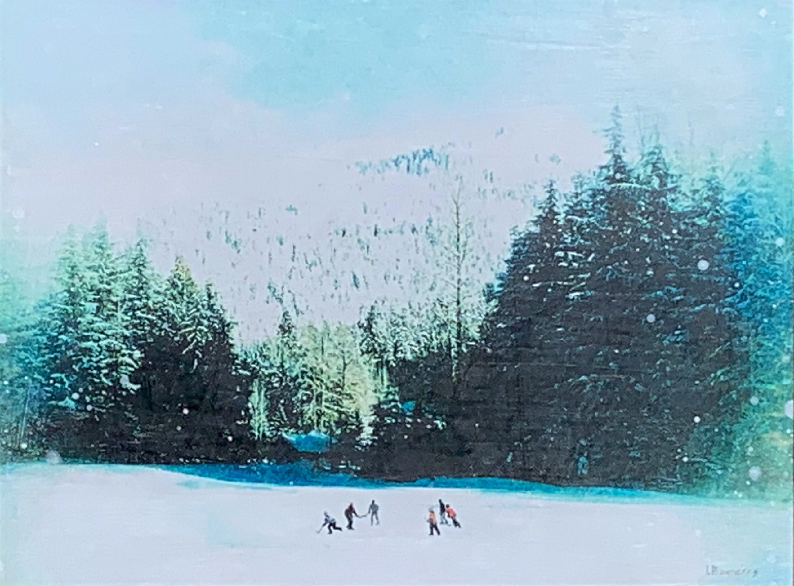 Home Ice Advantage, mixed media painting by Lori Bagneres | Effusion Art Gallery + Cast Glass Studio, Invermere BC