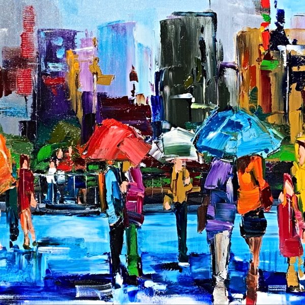 Steady as She Goes, oil figurative cityscape painting by Kimberly Kiel | Effusion Art Gallery + Cast Glass Studio, Invermere BC