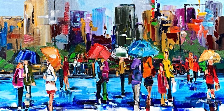 Steady as She Goes, oil figurative cityscape painting by Kimberly Kiel | Effusion Art Gallery + Cast Glass Studio, Invermere BC