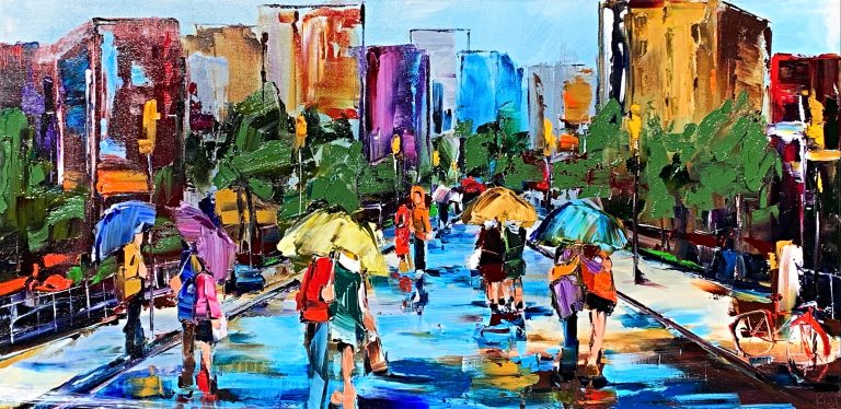 The Roads I Have Walked Along, oil figurative cityscape painting by Kimberly Kiel | Effusion Art Gallery + Cast Glass Studio, Invermere BC