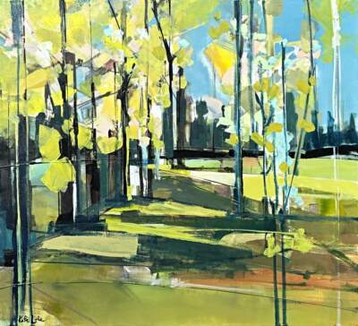 Dancing Light, original tree landscape painting by Canadian artist Katie Lois at Effusion Art Gallery in Invermere, BC.