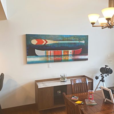 Tout est possible, mixed media canoe painting by Sylvain Leblanc | Effusion Art Gallery + Cast Glass Studio, Invermere BC