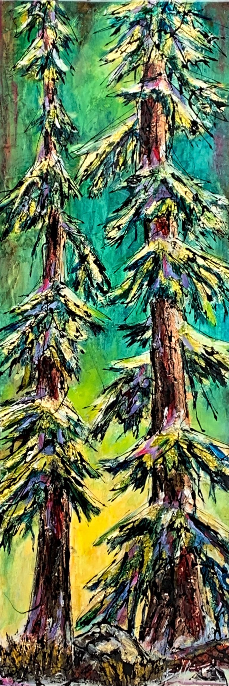 Taking it Easy, mixed media tree painting by David Zimmerman | Effusion Art Gallery + Cast Glass Studio, Invermere BC