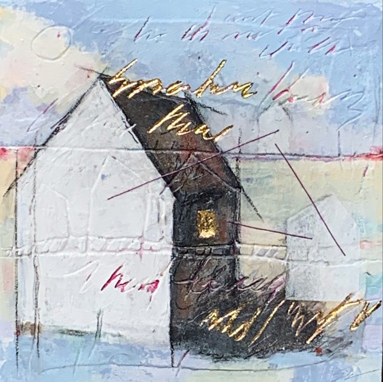Pretty Little Houses III, mixed media painting by Sonya Iwasiuk | Effusion Art Gallery + Cast Glass Studio, Invermere BC
