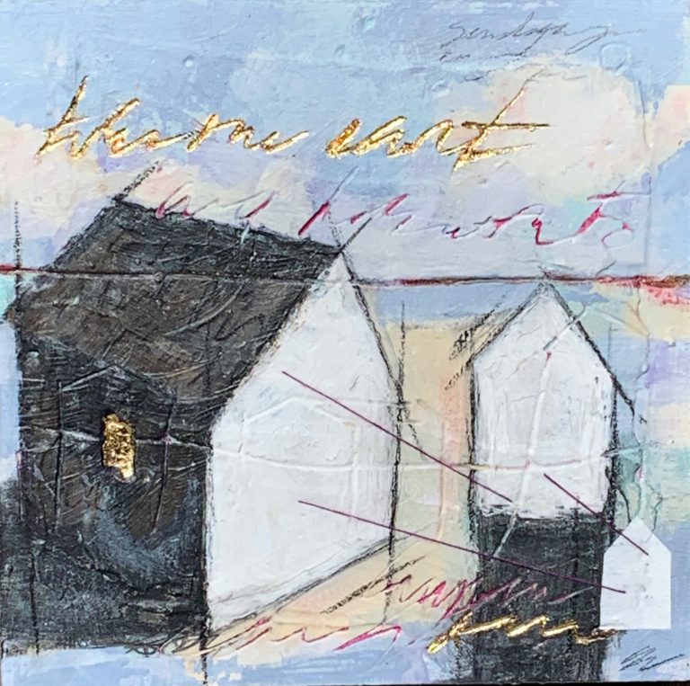 Pretty Little Houses IV, mixed media painting by Sonya Iwasiuk | Effusion Art Gallery + Cast Glass Studio, Invermere BC