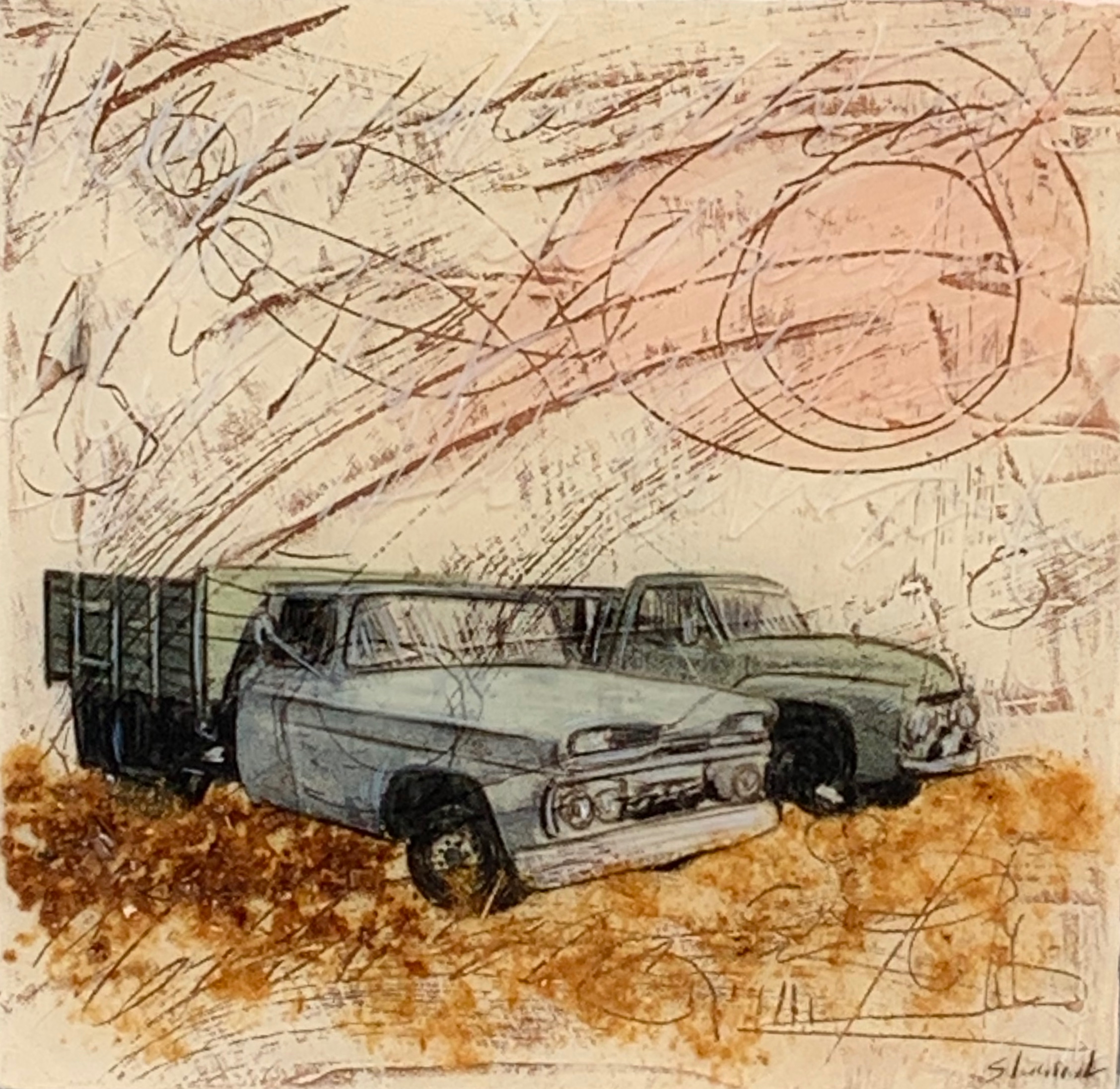 Retired Friends, mixed media classic car painting by Sonya Iwasiuk | Effusion Art Gallery + Cast Glass Studio, Invermere BC