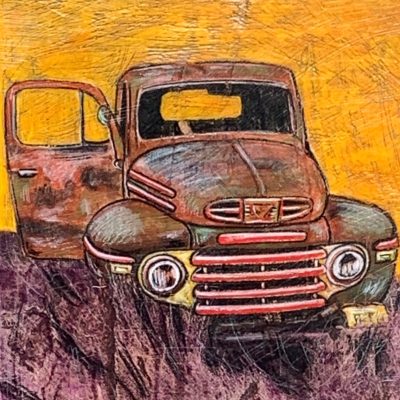 Truck with Yellow Sky, mixed media classic car painting by Sonya Iwasiuk | Effusion Art Gallery + Cast Glass Studio, Invermere BC