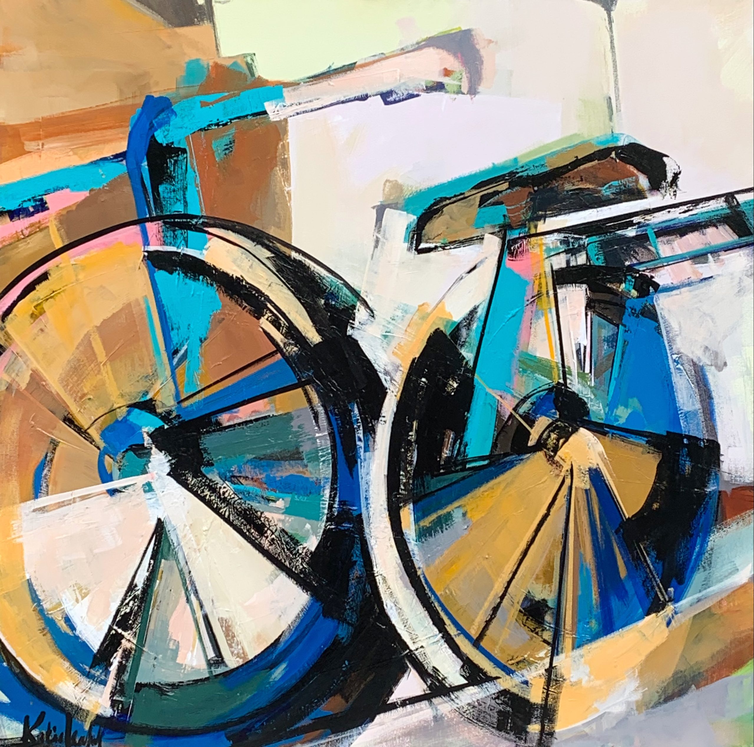 Kind Hearted, acrylic bike painting by Katie Leahul | Effusion Art Gallery + Cast Glass Studio, Invermere BC