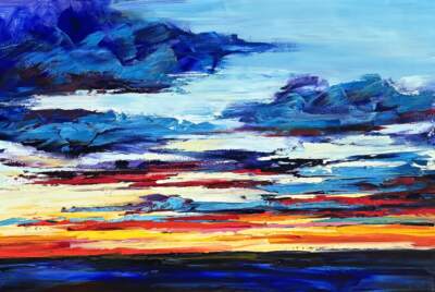 Waiting on a Muse, original oil sunset painting by Canadian artist Kimberly Kiel at Effusion Art Gallery, Invermere BC.