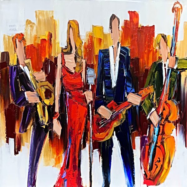 When to Rock & When to Roll, mixed media musician painting by Kimberly Kiel | Effusion Art Gallery + Cast Glass Studio, Invermere BC