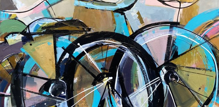 Ribbons and Rows, acrylic bike painting by Katie Leahul | Effusion Art Gallery + Cast Glass Studio, Invermere BC