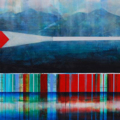 Douce brume matinale, mixed media canoe painting by Sylvain Leblanc | Effusion Art Gallery + Cast Glass Studio, Invermere BC
