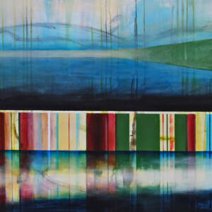 Juste comme ça, mixed media canoe painting by Sylvain Leblanc | Effusion Art Gallery + Cast Glass Studio, Invermere BC