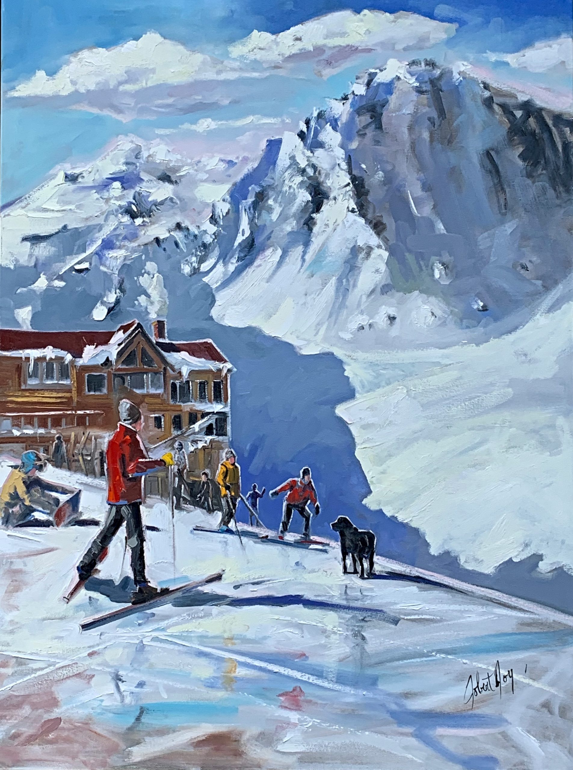 Apprécier le vent dans les montagnes, acrylic ski painting by Robert Roy | Effusion Art Gallery + Cast Glass Studio, Invermere BC