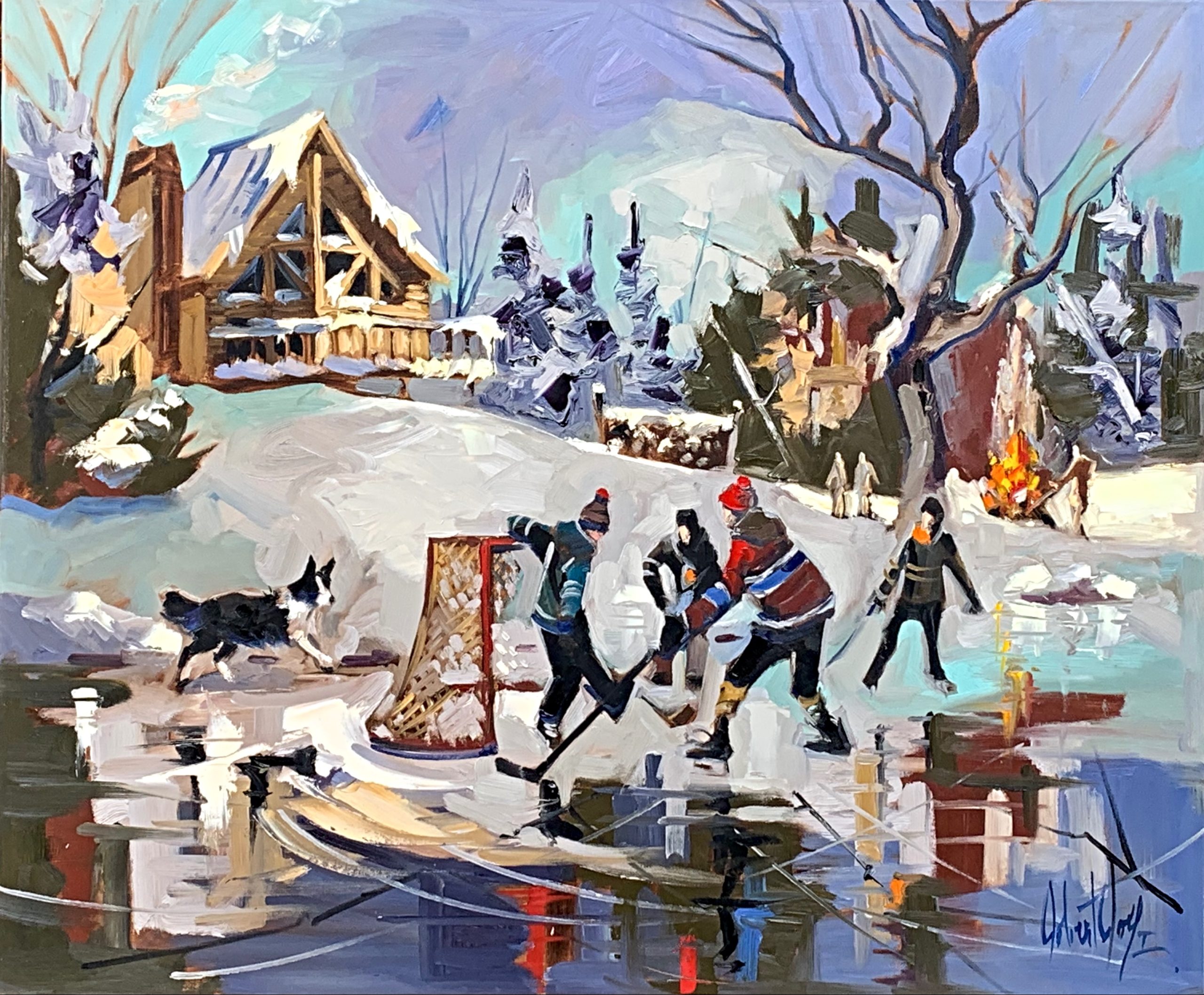 Construire la réalité, acrylic hockey painting by Robert Roy | Effusion Art Gallery + Cast Glass Studio, Invermere BC