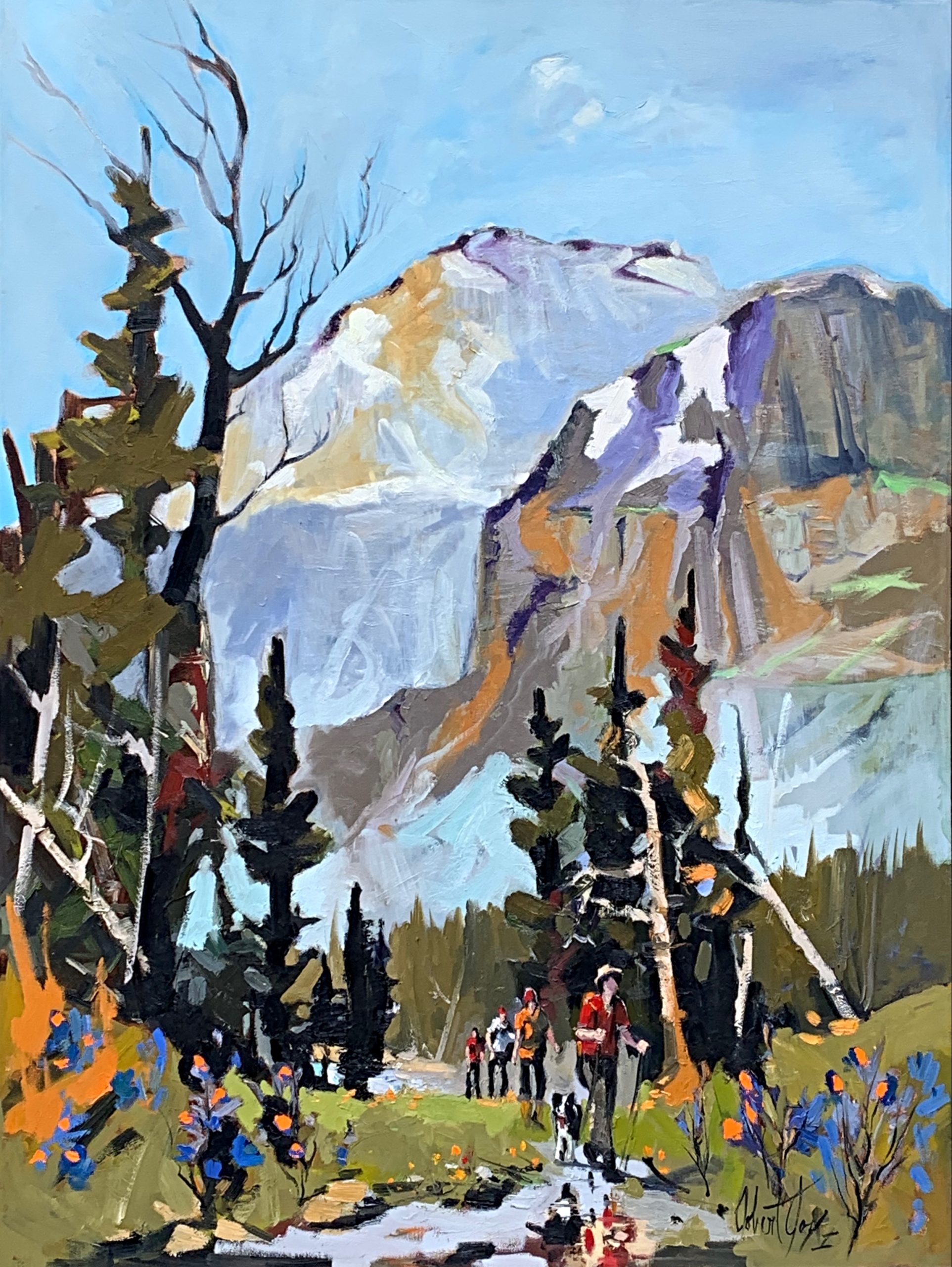 L'aventure, acrylic hiking painting by Robert Roy | Effusion Art Gallery + Cast Glass Studio, Invermere BC