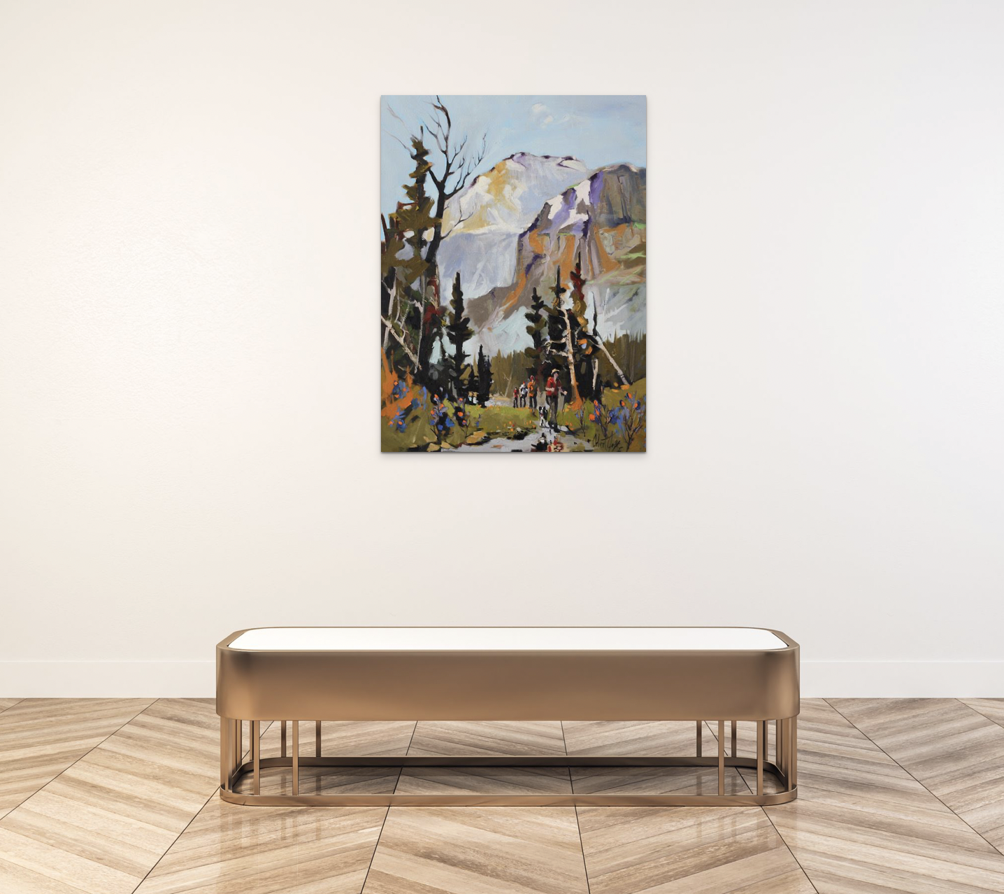 L'aventure, acrylic hiking painting by Robert Roy | Effusion Art Gallery + Cast Glass Studio, Invermere BC
