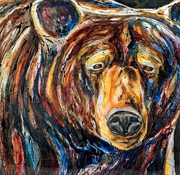 Mixed media bear painting by David Zimmerman | Effusion Art Gallery + Cast Glass Studio, Invermere BC