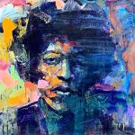 Jimi Hendrix - Woodstock '69, acrylic musician painting by Verne Busby | Effusion Art Gallery + Cast Glass Studio, Invermere BC