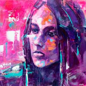 Joan Baez - Woodstock '69, acrylic musician painting by Verne Busby | Effusion Art Gallery + Cast Glass Studio, Invermere BC