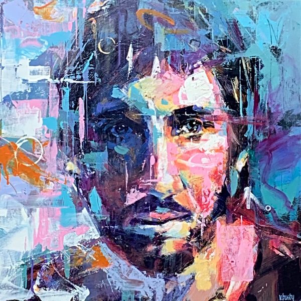 Pete Townsend - Woodstock '69, acrylic musician painting by Verne Busby | Effusion Art Gallery + Cast Glass Studio, Invermere BC