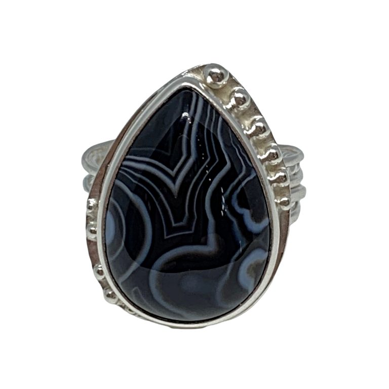 Locally handmade silver + black line agate ring by A&R Jewellery | Effusion Art Gallery + Cast Glass Studio, Invermere BC