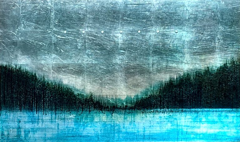 Bluescape, mixed media landscape painting by David Graff | Effusion Art Gallery + Cast Glass Studio, Invermere BC