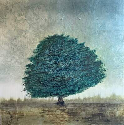 Lean into it, mixed media tree painting by David Graff | Effusion Art Gallery + Cast Glass Studio, Invermere BC