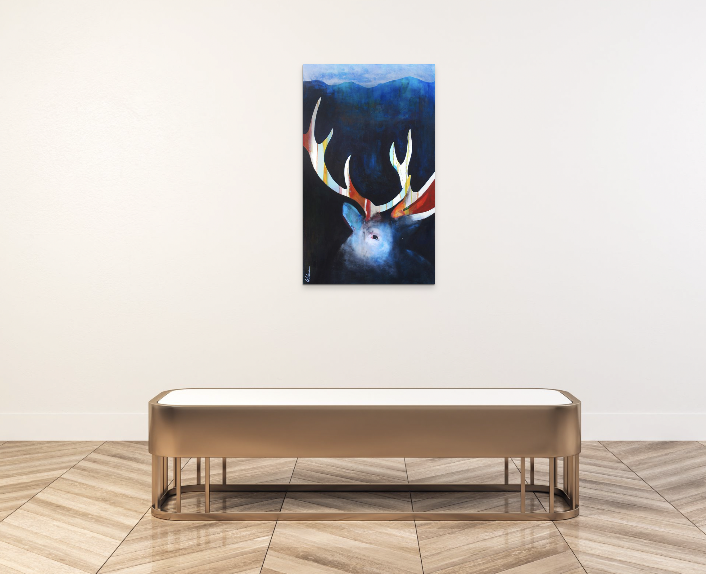 Wapiti 1, mixed media elk painting by Sylvain Leblanc | Effusion Art Gallery + Cast Glass Studio, Invermere BC