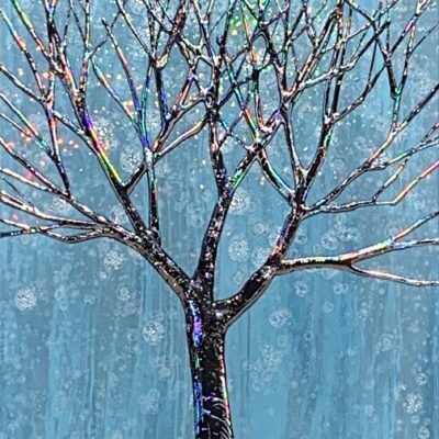 Winter Glow 1, mixed media tree painting by Sarah Moffat | Effusion Art Gallery + Cast Glass Studio, Invermere BC