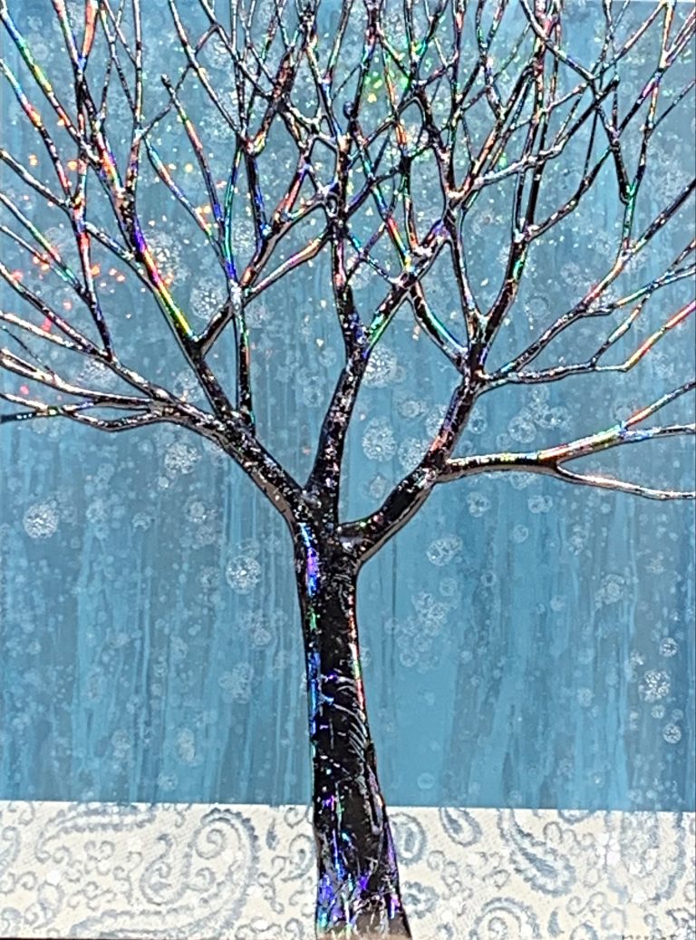 Winter Glow 1, mixed media tree painting by Sarah Moffat | Effusion Art Gallery + Cast Glass Studio, Invermere BC
