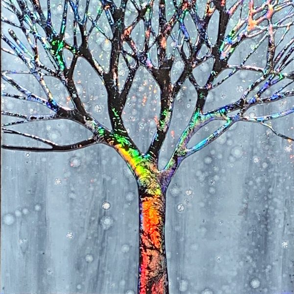 Winter Glow 2, mixed media tree painting by Sarah Moffat | Effusion Art Gallery + Cast Glass Studio, Invermere BC