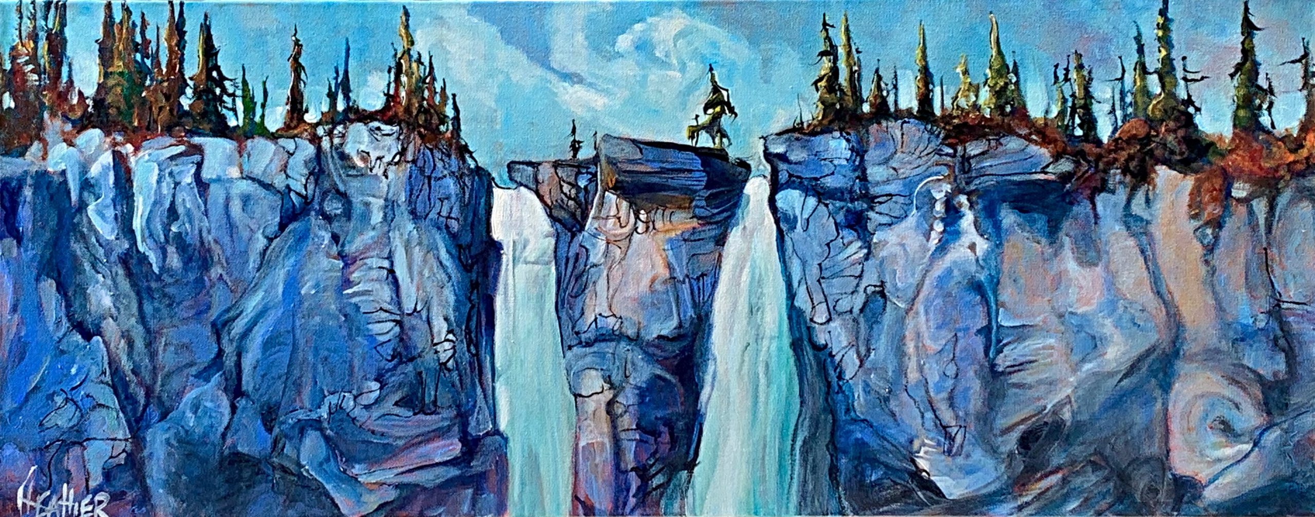 Top of Twin Falls, acrylic waterfall painting by Heather Pant | Effusion Art Gallery + Cast Glass Studio, Invermere BC