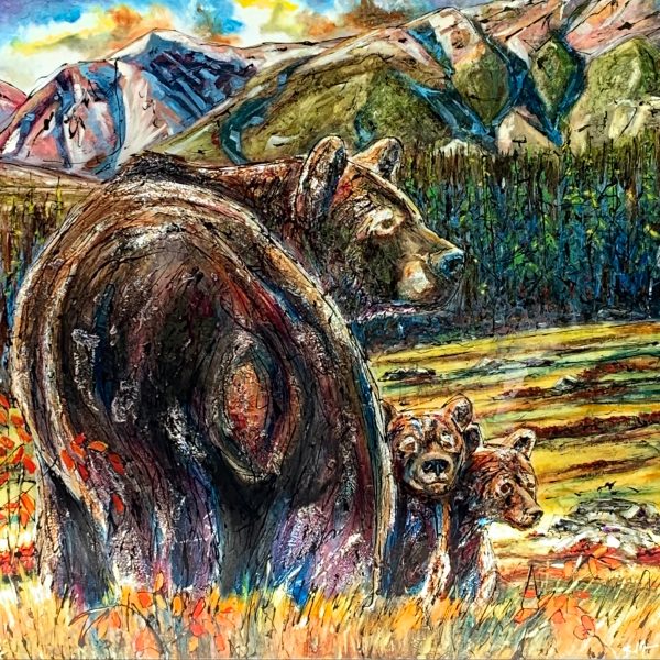 First Summer Vacation, mixed media bear + cubs painting by David Zimmerman | Effusion Art Gallery + Cast Glass Studio, Invermere BC