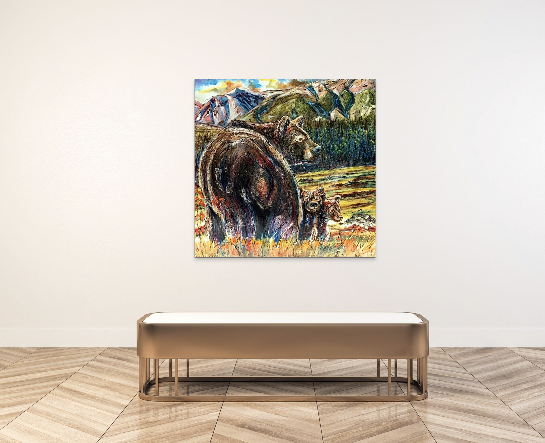 First Summer Vacation, mixed media bear + cubs painting by David Zimmerman | Effusion Art Gallery + Cast Glass Studio, Invermere BC