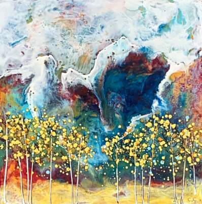 Climbing Desires 22209, original encaustic autumn mountain landscape painting by Canadian artist Catharine Clarke at Effusion Art Gallery in Invermere, BC.