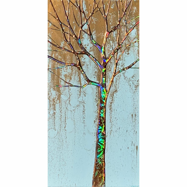 Robin's Egg 1, mixed media holographic tree painting by Sarah Moffat | Effusion Art Gallery + Cast Glass Studio, Invermere BC