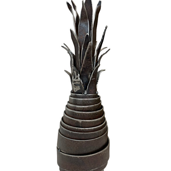Bouncy Pineapple 1, salvaged metal pineapple sculpture by Wendy Stone | Effusion Art Gallery + Cast Glass Studio, Invermere BC