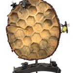 Buzz, salvaged metal  and spruce wood bee hive + honeycomb sculpture by Wendy Stone | Effusion Art Gallery + Cast Glass Studio, Invermere BC